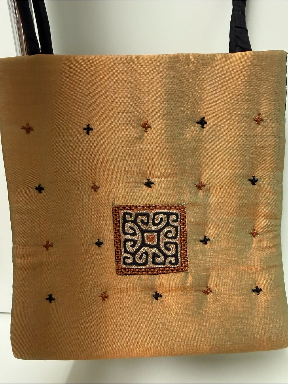 Shiraleah Tan Embroidered Shoulder Bag with Black Handles